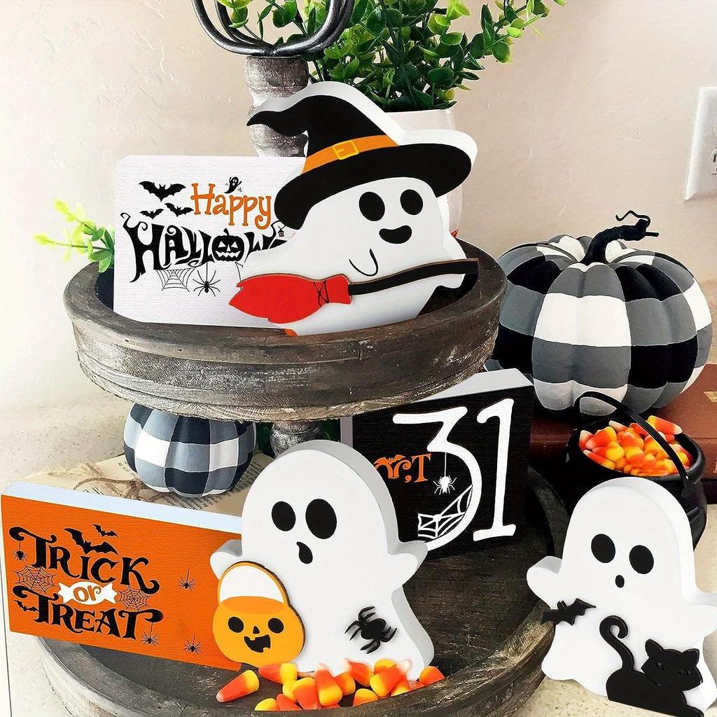 3pcs Cute Ghosts Halloween Indoor Decoration Set PVC Layered Tray Decoration Table Sign Pumpkin Pie For Party Home Shelf Display