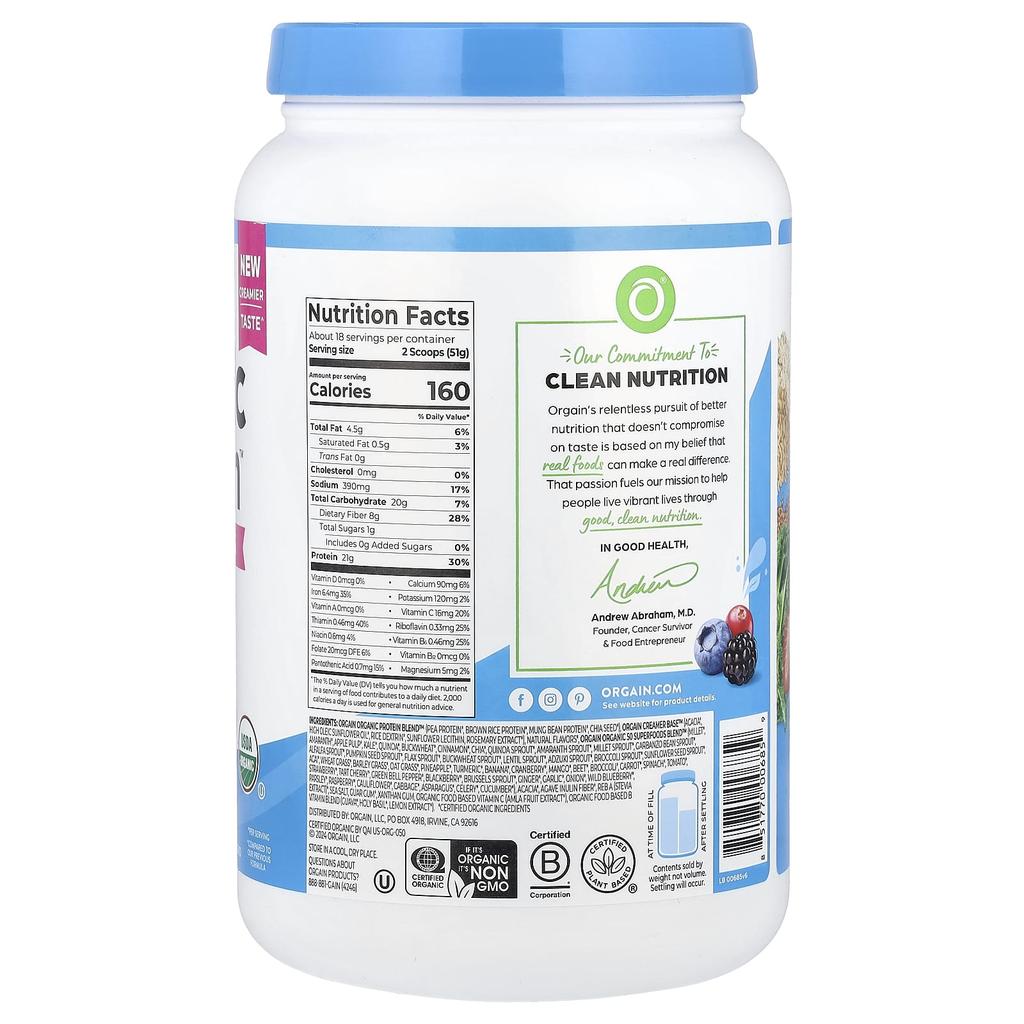 Organic Protein™ + 50 Superfood Powder, Vanilla Bean, 918G (2.02Lb)