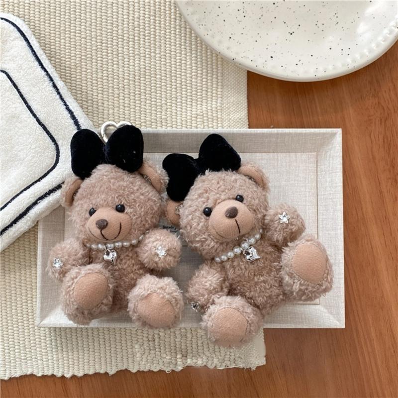 Soft Plush Bear Hanging Ornament Fashionable Soft Bear Keychain with Bowknot Plush Key Accessory for Stylish Bags