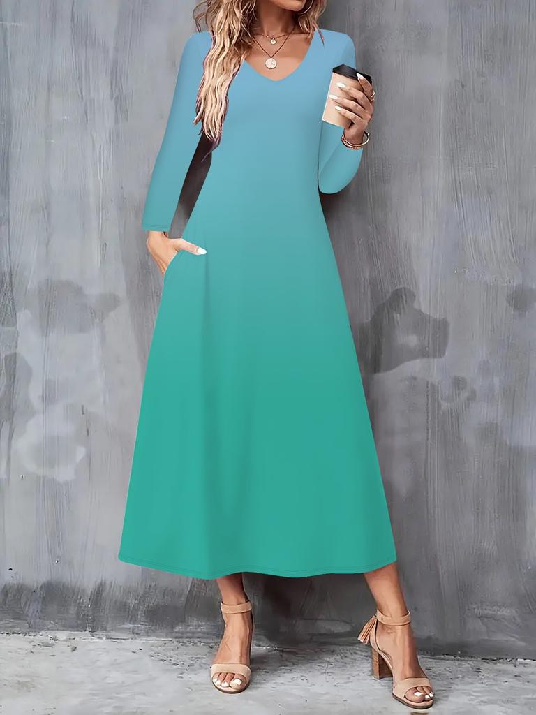 2025 Autumn and Winter New Women Casual Fashion Dress 3D Retro Pattern Print  Long Sleeve V-Neck A-Line Dresses