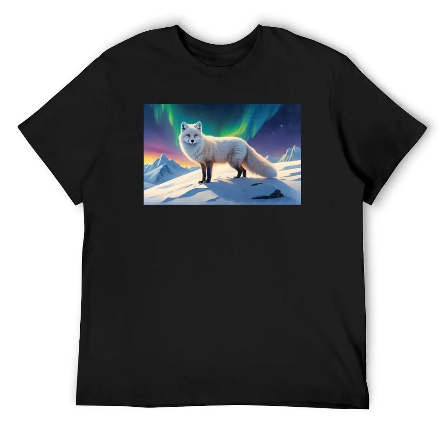 Golden arctic fox and Northern Lights ( Aurora borealis ) sunset T-Shirt oversizeds customizeds t shirts for men graphic S