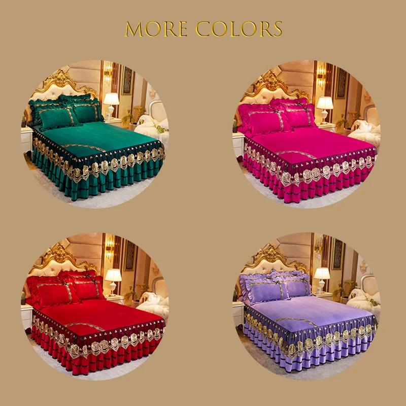 Crystal Velvet Bedspread Plush Lace Bed Skirts Sets Thin Comforter Embroidered Bedding Set with Pillowcases for Queen King Size