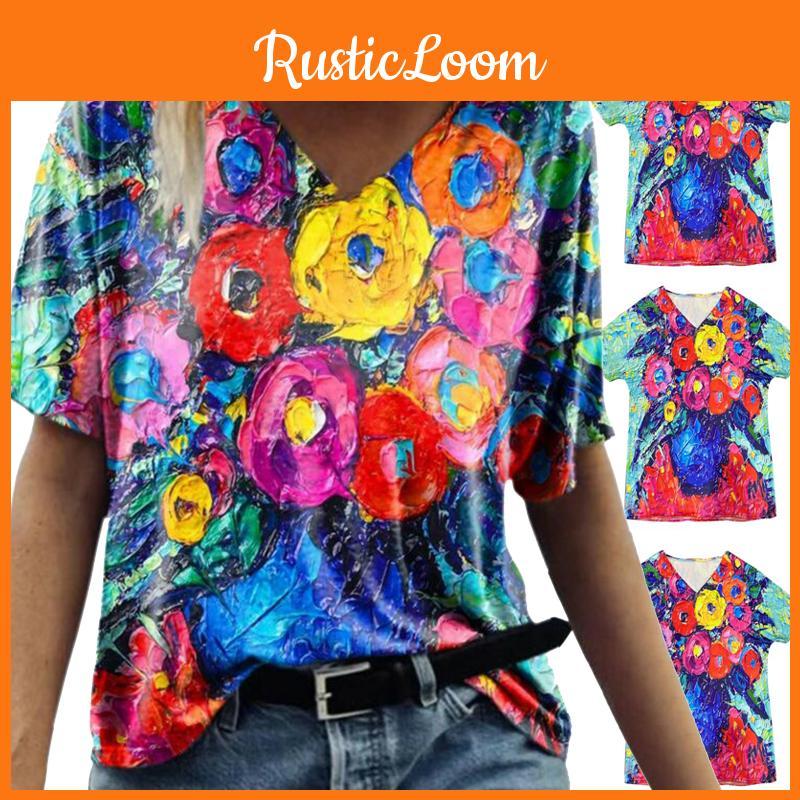 Summer Casual T Shirt With Floral Print And V Neck For Women