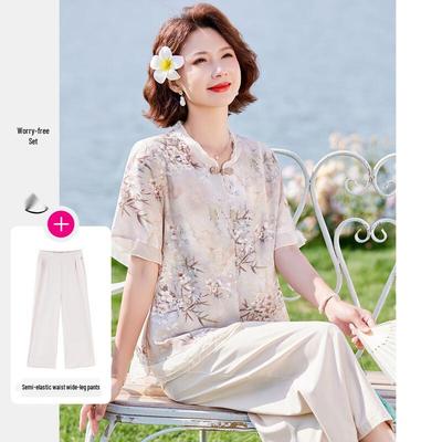 Mom's Summer New Chinese Style Printed Two-Piece Set