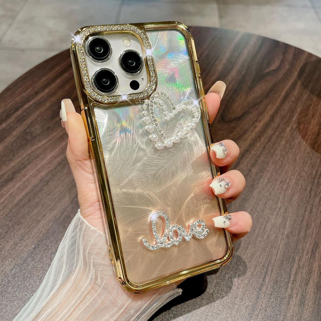 High-end Electroplated Lens with Diamond-encrusted Heart, Suitable for DIY IPhone15Pro Phone Case, Apple 14 Gradient Feather