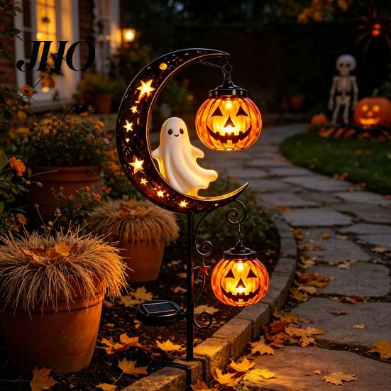 Festive Crescent Moon Yard Art Solar Halloween Metal Garden Stake Light, Auto On/Off Black Cat with Hanging Gift for Lovers Pumpkin Lantern,