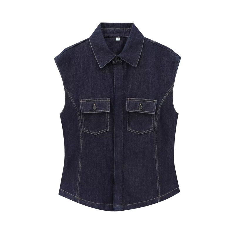 

Kaslead New Arrival Women s Clothing Fashion Style Fashion String Decoration Lapel Sleeveless Denim Shirt 8246266 Blue L