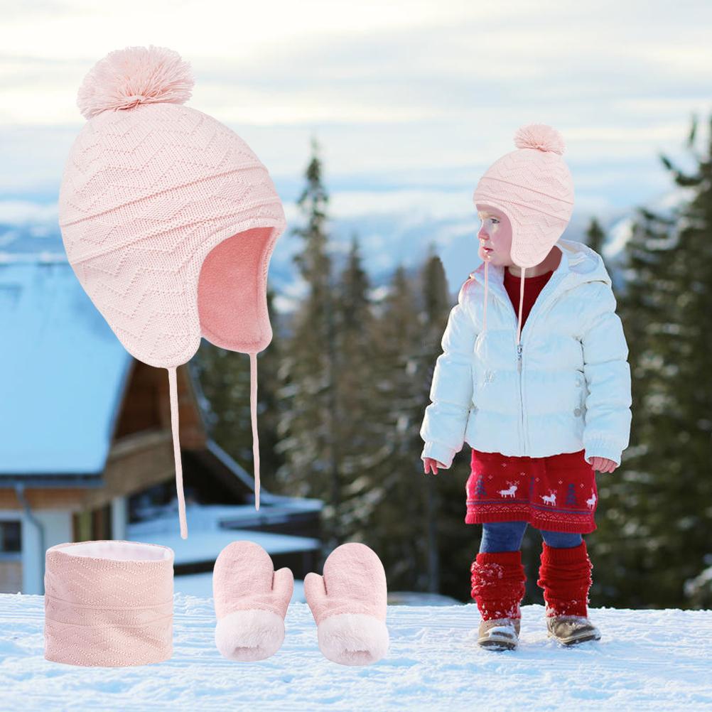 3Pcs Baby Winter Beanie Hat Scarf Gloves Set Knitted Fleece Lined Hat Thick Soft Warm Hat for 1 3 Years Old Kids Boys