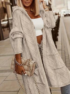 Langer Damen-Cardigan mit Kapuze und Taschen, Damen-Oberbekleidung mit Kapuze, mittellange bis lange Damen-Oberbekleidung, Freizeitjacke