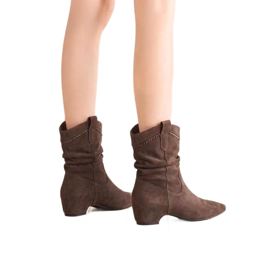 Inner Height Increasing Western Cowboy Boots Vintage Pleated Pile Boots Pointed Frosted Suede Maillard Medium Boots