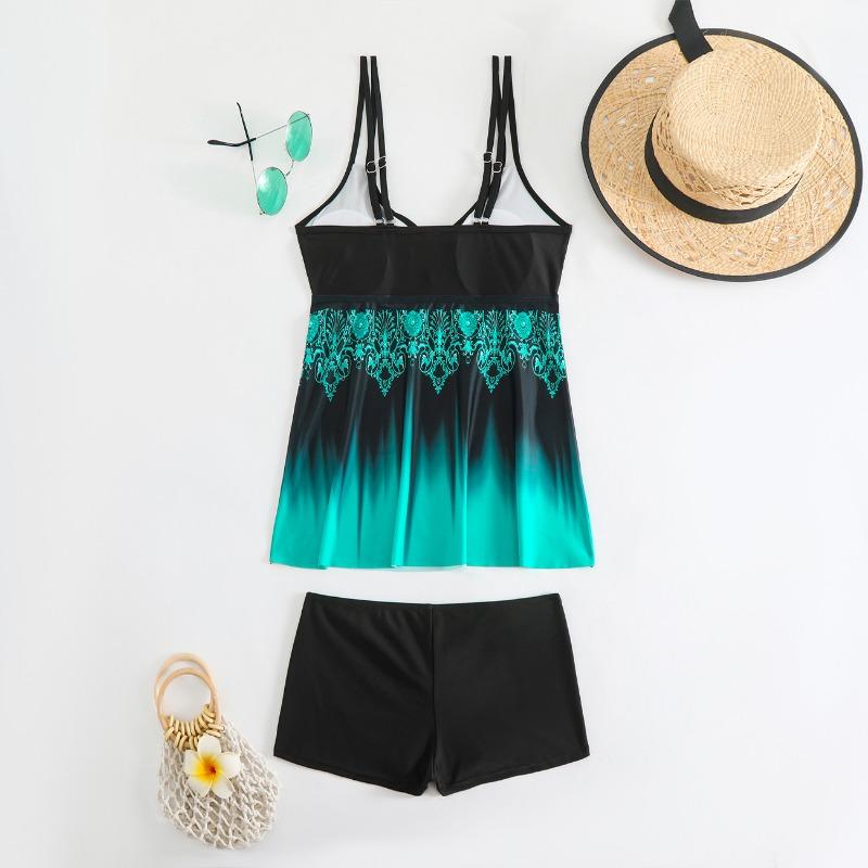 Women's Gradient Print Tankini Swimsuit with Shorts - Modest Tummy Control Swim Dress with Double Straps