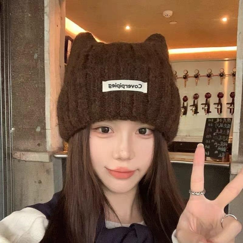 Kitten Ears Wool Hat Women's Autumn and Winter Korean Versatile Knitted Hat Big Head Circumference Showing Small Face Thickened Warm Cold Hat
