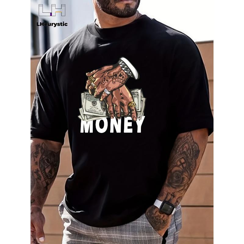 European Size Men'S Sporty T-Shirt with Money Pattern Print