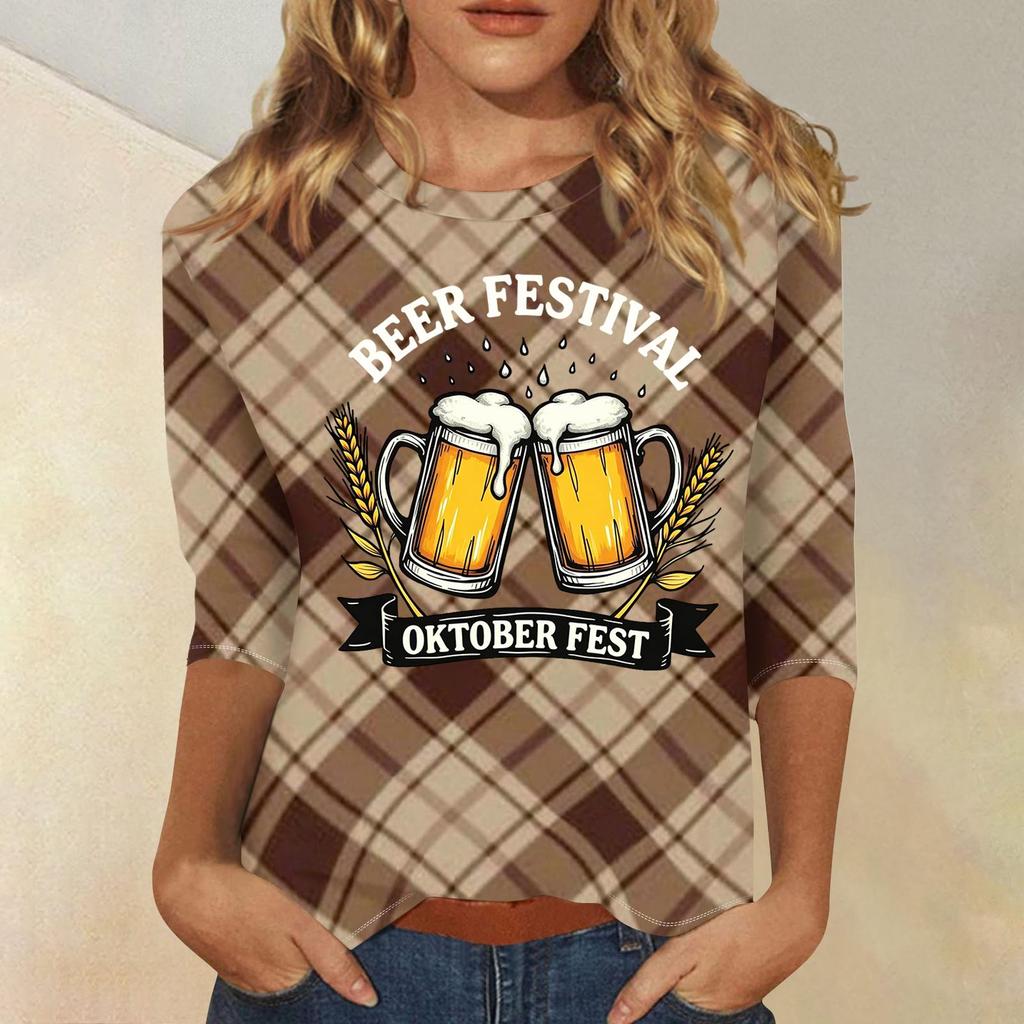 Women's Casual Plaid Three Quarter Sleeve Top Beer Festival Oktober Fest Graphic Print Round Neck Blouse