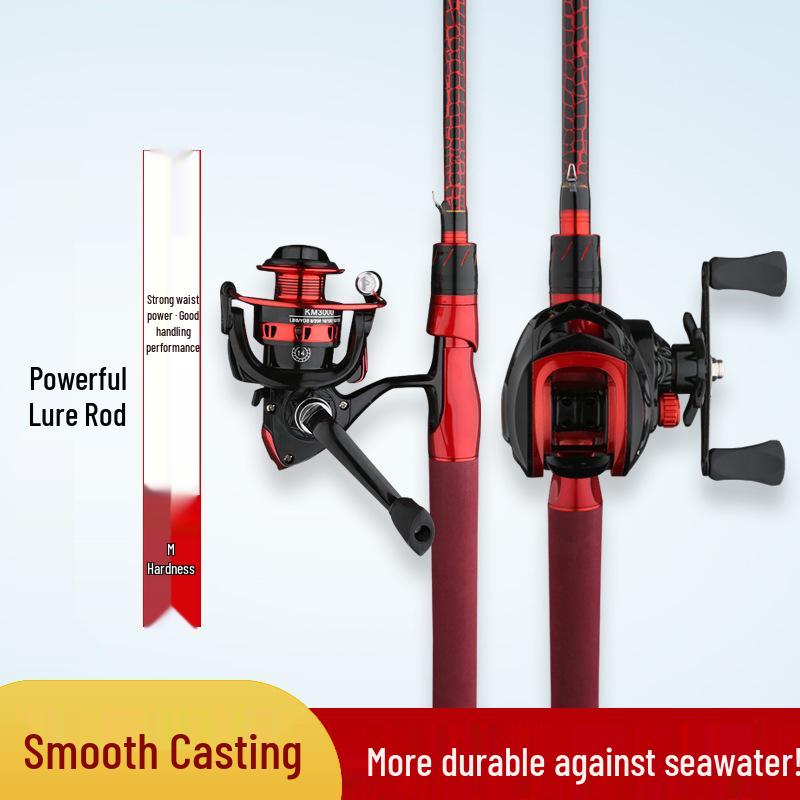 Red ML Power Long Cast Baitcasting & Spinning Rod Set with Integrated Handle