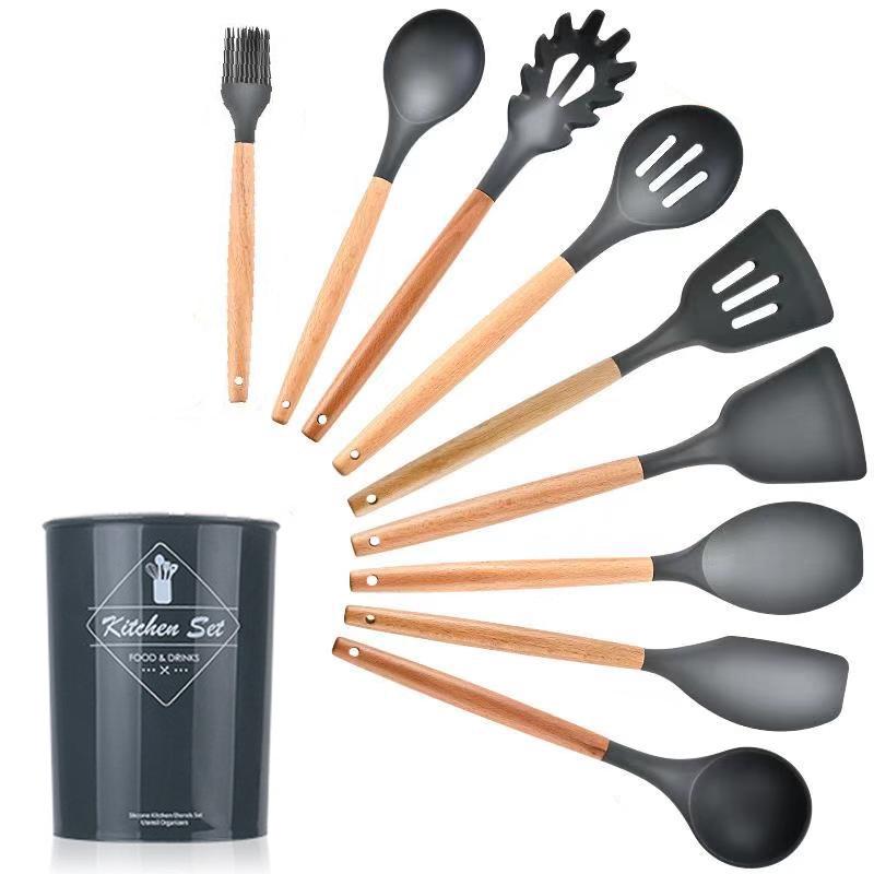 11-Piece Wooden Handle Silicone Kitchenware Set - Includes 9 Kitchen Tools, Spatula, and Spoon.