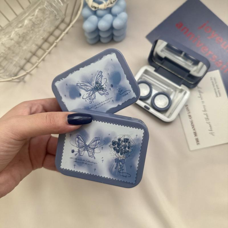 Portable Vintage Blue Butterfly Contact Lens Storage Case With Mirror Contact Lens Container Box For Travel Outdoor Gift