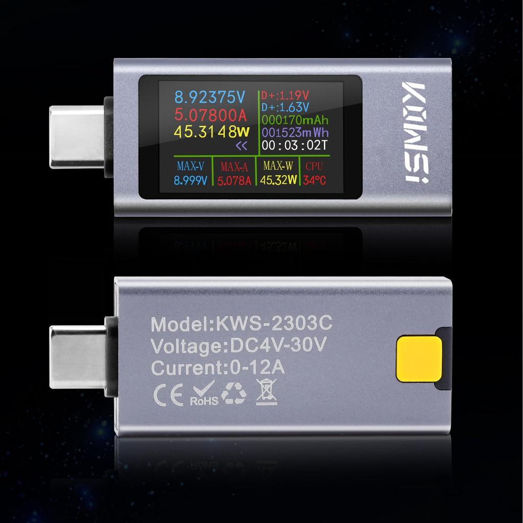 DiyStudio 360W Current and Voltage Dual USB USB C Meter USBC Multimeter Bidirectional Current Curve Mobile Charging No Drivers or Software Plug and