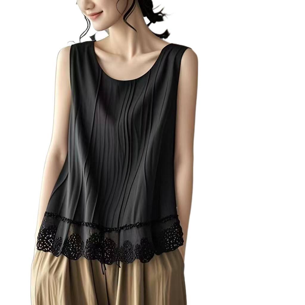 Women's Plus Size Cotton Linen Lace Hem Camisole Vest (2026 Spring/Summer) - Tummy Covering Sleeveless Top
