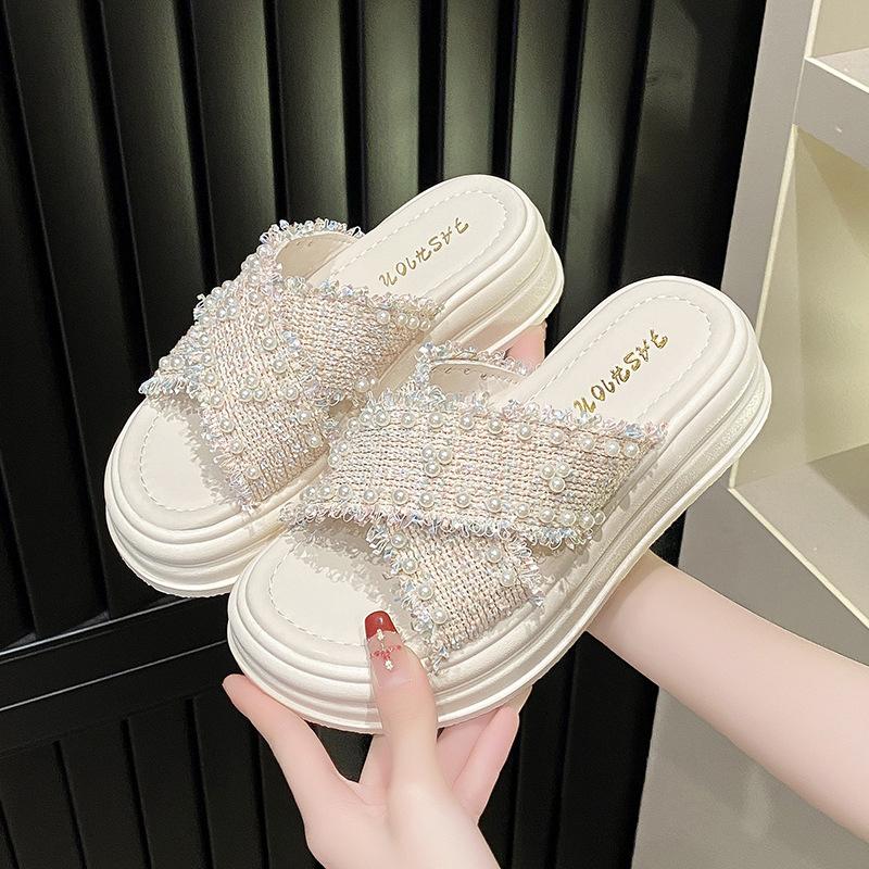 Small Fragrant Thick Bottom Slippers Female Summer Cross Pearl Sandals Slippers Female Beach Shoes Female Fashion Women Summer Breathable Shoes