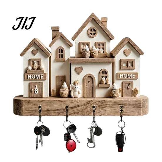 Vintage Campervan Wall Art Wooden Key Holder Rack, Camping RV Pattern Rack with 4 Hooks, Hook for Home 2D Farmhouse Mount Organizer Entryway