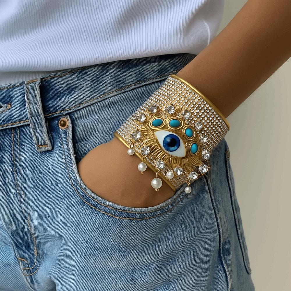 Zinc Zinc Alloy Demon's Eye Bracelets Full Rhinestone Geometric Cuff Bangles  Girls Gift