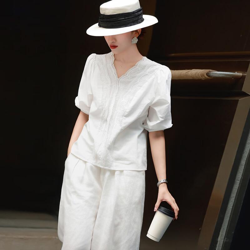 Lanser French Chic V-Neck Puff Sleeve Cotton Shirt M белый