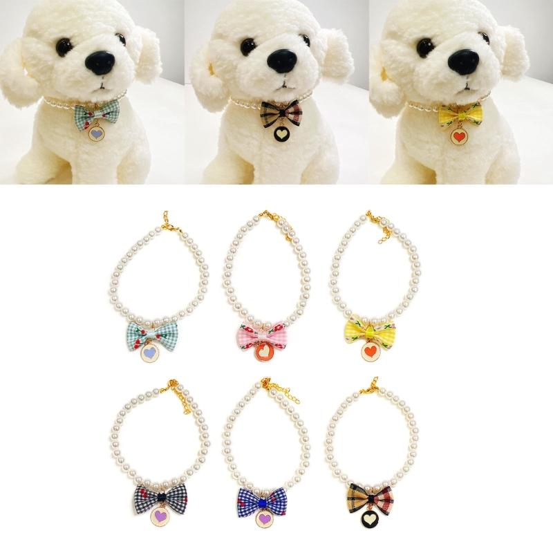 Pet Bowknot Adjustable Collar Cat Jewelry Pendant Princess Pearl Necklace Puppy Collar Decorative Dog Collar Accessories