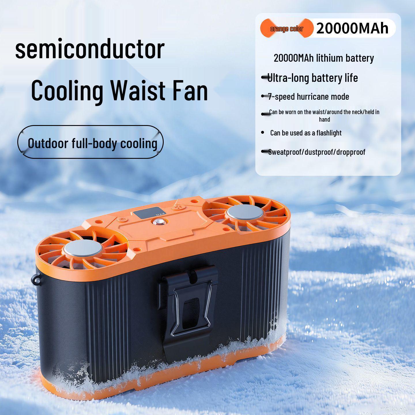 

USB Rechargeable Clip-On Waist Fan with Turbine and Semiconductor Technology for Large Airflow, Portable Neck Hanging Outdoor Use 187*82*92mm
