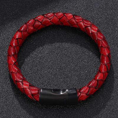 Vintage Männer Rot Echtes Leder Armband Geflochtenes Armband Schwarz Verschluss Armreifen Schmuck Mann Väter Geschenk