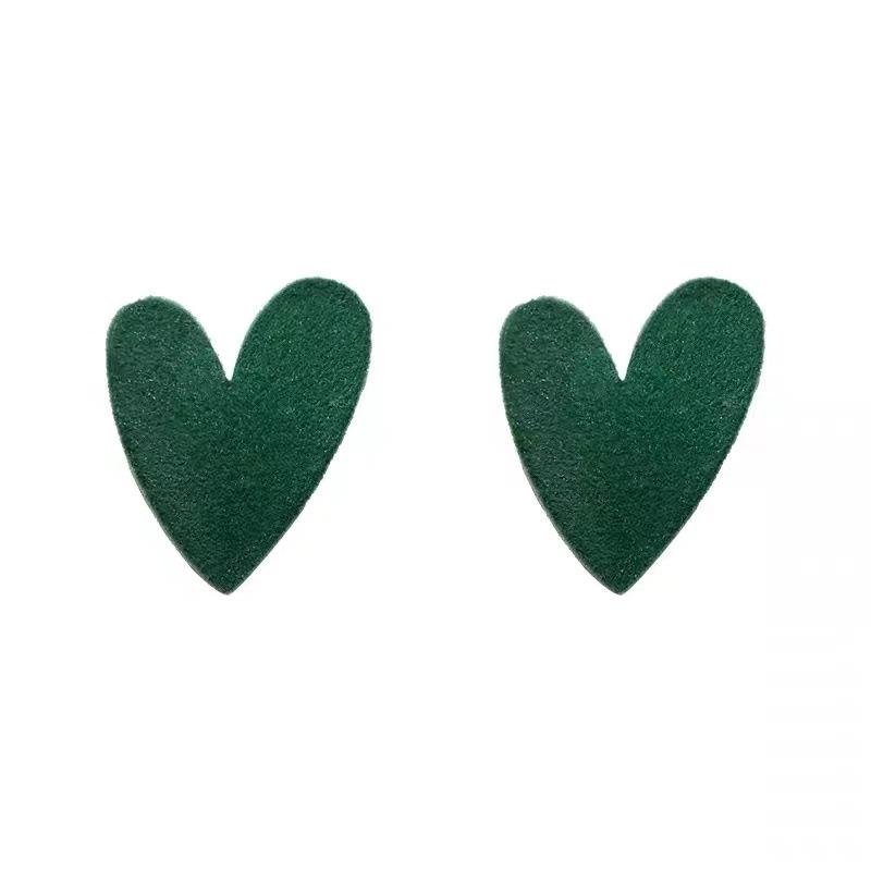 Korean Green Flocked Heart Earrings - S925 Silver Needle, Heart-shaped Studs for Women, Autumn/Winter Style.