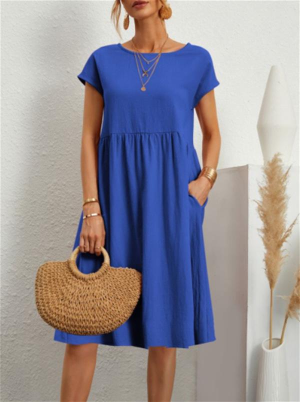 Fashion Summer OL Temperament Women's Clothing Cotton and Linen Round Neck A-shaped Skirt Large Size Loose Dress