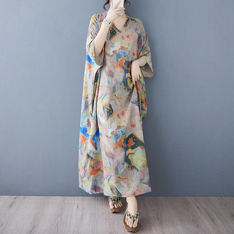 Dimanaf 2025 Dámské letní šaty Plus Size Basic Dlouhé šaty Vintage Tisk Bavlna Len Neformální Volné