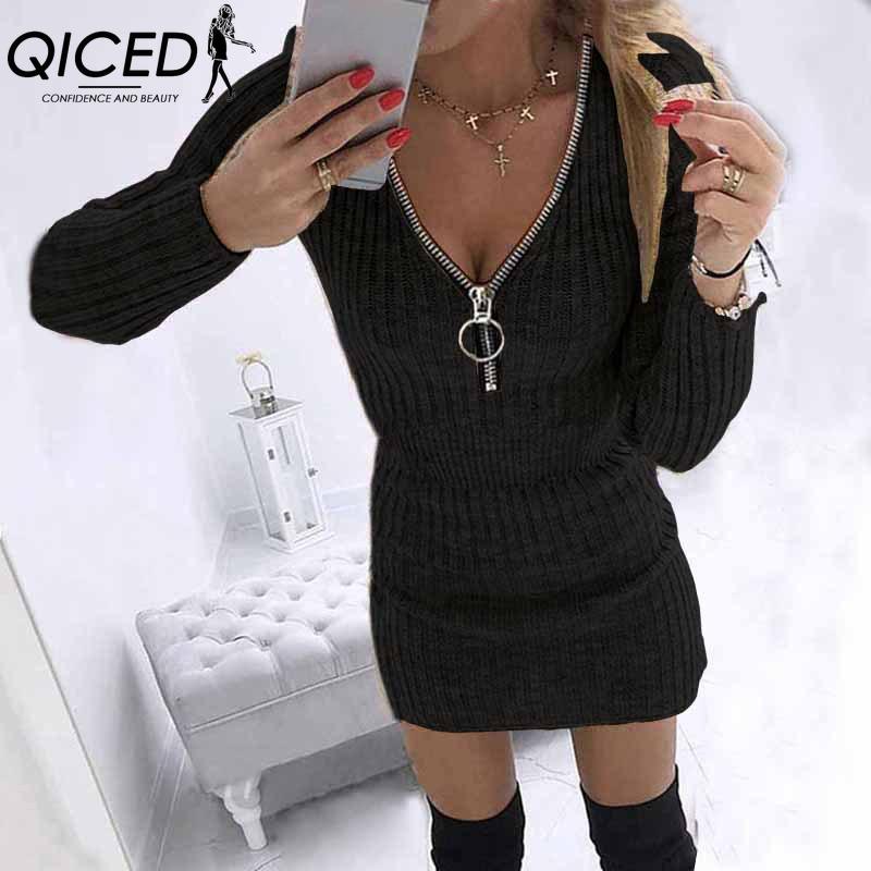 QICED S-5XL Autumn Winter Womens Wrap Skirts Zipper Waist Long Sleeve Knitted Dress Hips