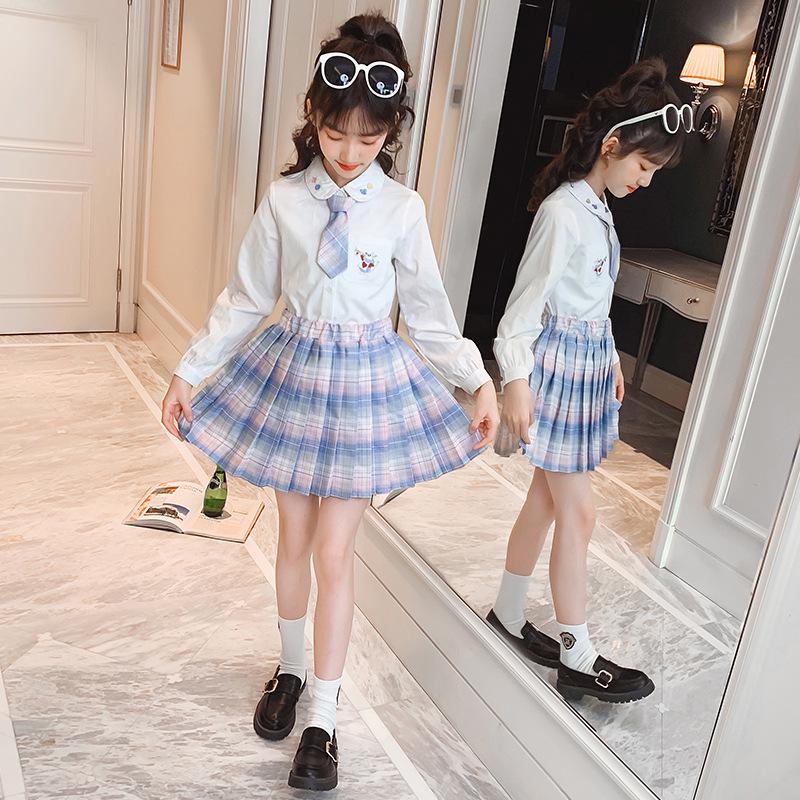 Spring 2023 Girls' JK Plaid Skirt 3-Piece Set: Sweater & College Style Suit