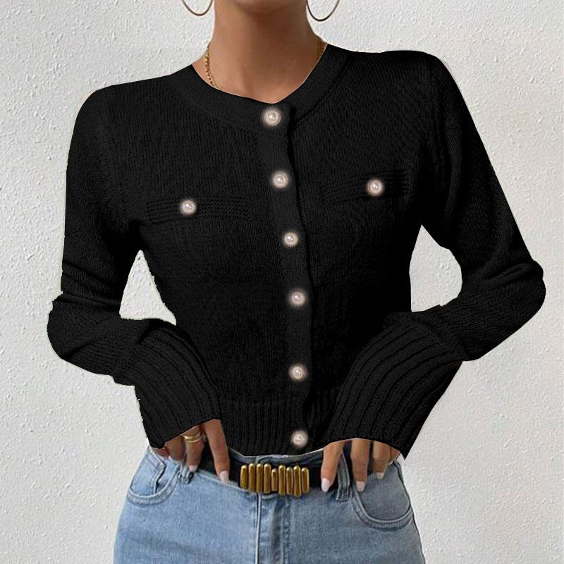 VONDA Women Autumn Round Neck Long Sleeve Pearl Button Cardigans