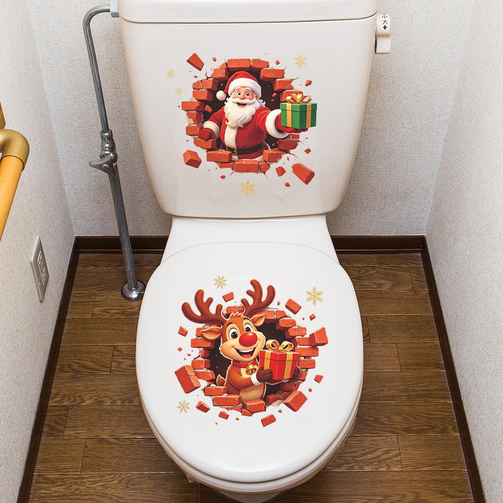 Creative Hole Christmas Santa Reindeer Bathroom Toilet Room Decoration Wall Sticker