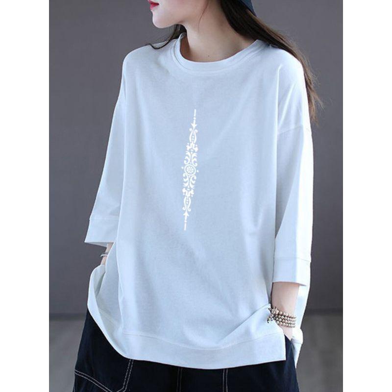 Foreign Trade Export Clearance 100% Cotton 3/4 Sleeve Fashion T-shirt Women Simple and Versatile round Neck Half Sleeve Split Top