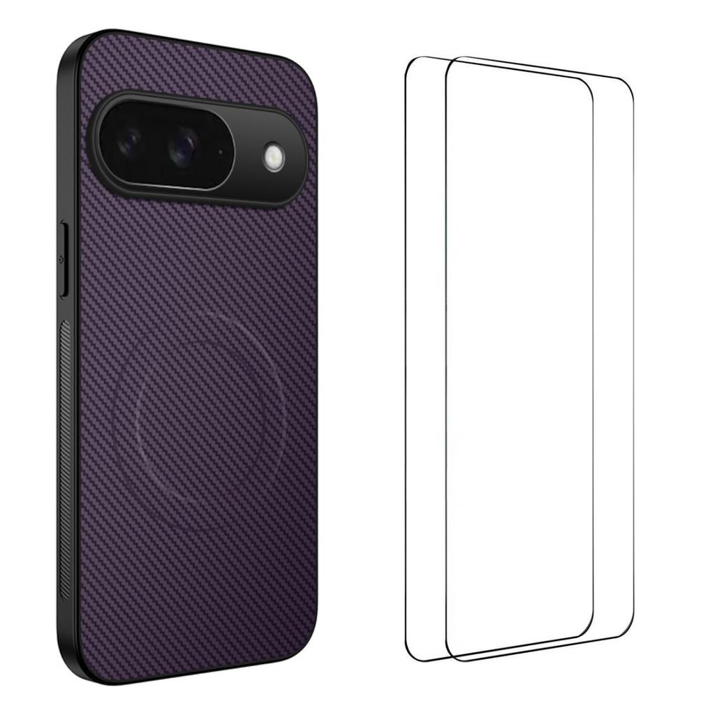 For Google Pixel 9 Magnetic Case WANLONFENG TQ1 Series Carbon Fiber Texture PC TPU Phone Cover with 2Pcs Screen Films