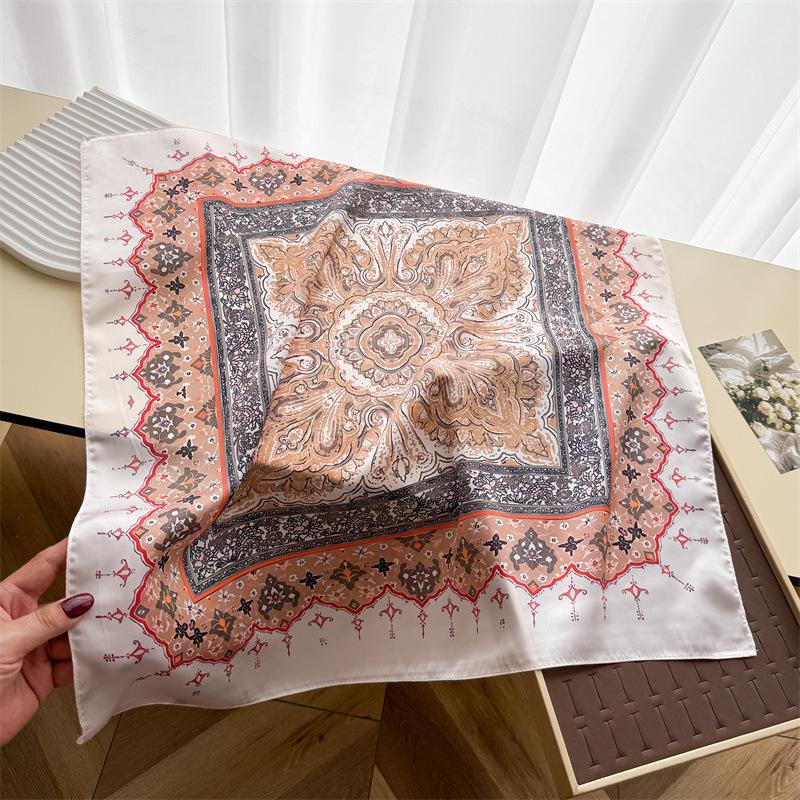 Vintage European Style Printed Imitation Silk Square Neck Scarf For Women 66*70cm