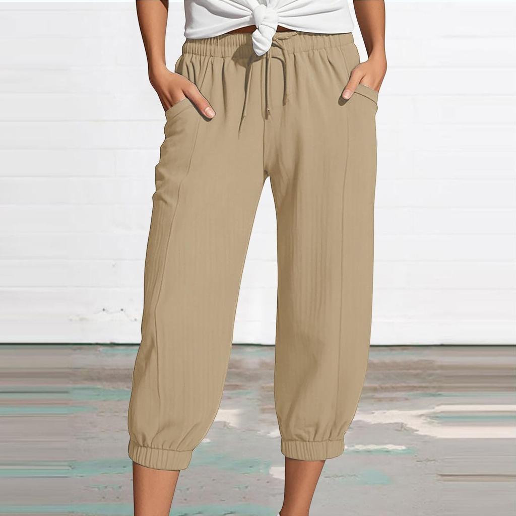 Women's Summer 3/4 Trousers  Summer Trousers With Pockets Causal Loose Trousers Fabric Trousers Sport Leisure Beach Trousers