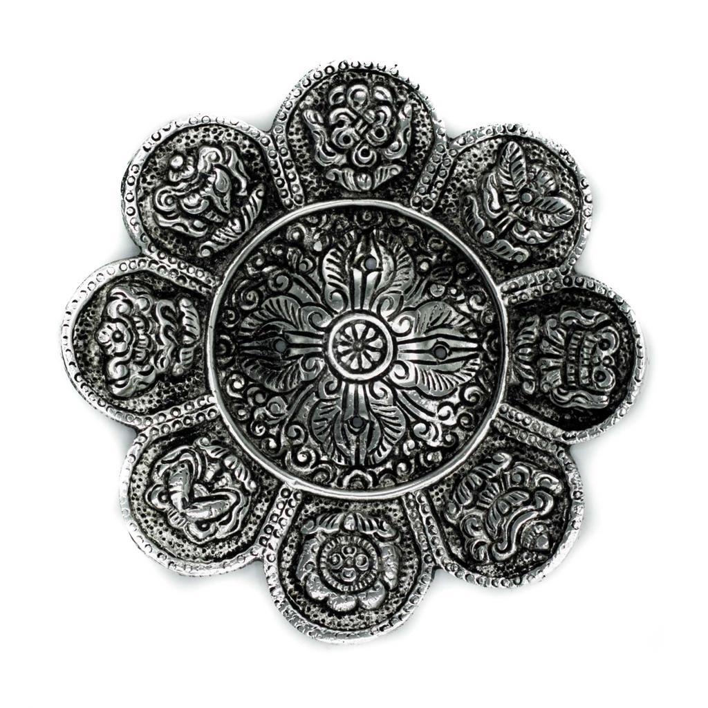 Incense Holder Tibetan Symbols Polished Aluminium 12cm