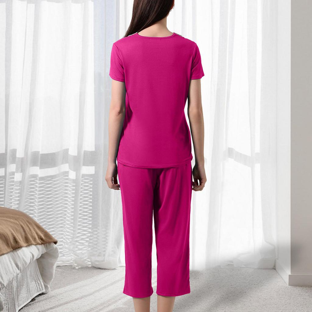 Women's Fashionable V-neck Casual Short-sleeved Loungewear Lace Pajamas Loose, Comfortable, Breathable Plus Size Color Top
