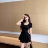 Sexy round neck elastic cotton, pure desire temperament, tight body, hip-wrapped, bottom-up, short sleeves, waist and thin, big swing dress.