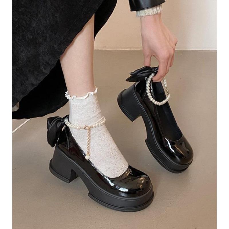 

Модные женские туфли Мэри Джейн на толстой платформе, туфли-лодочки для вечеринок, летние новые удобные босоножки на высоком каблуке с бантом и цепочкой, Zapatos Mujer 40 чёрный