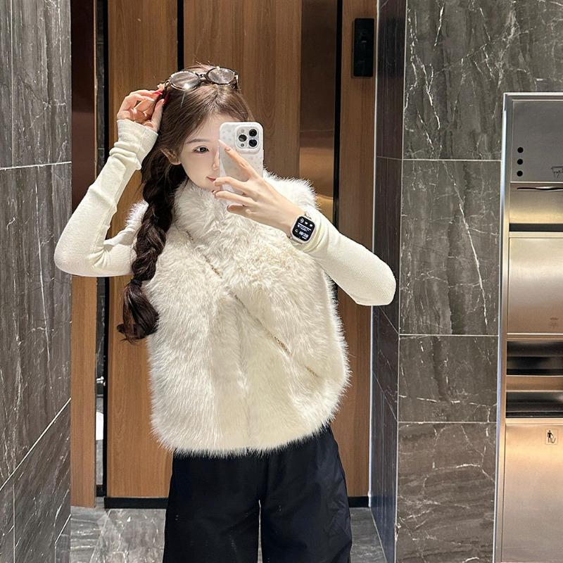 Qingshan Twilight Snow Cashmere Fur Vest Women, Fox Hair Jacket Short Stand-up Collar