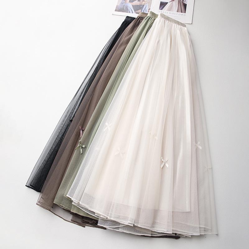 White Women's Drapey A-Line Mesh Skirt - 2024 New Autumn, Spring Mid-Length Pleated Style