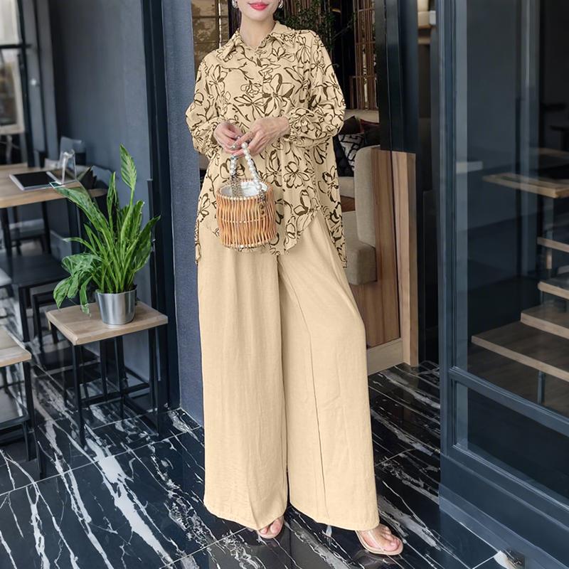 ZANZEA Bluză cu mânecă lungă și pantaloni cu imprimeu pentru femei, seturi casual din două piese