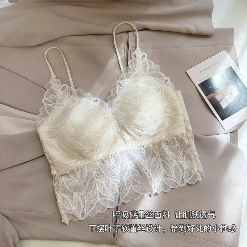Sexy lace suspender bra inner and outer wear one-piece fixed cup gathering rear cross backless underwear women