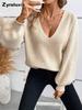 Fall Winter V-Neck Solid Color Women's Top, Imported New Long Sleeve Casual Loose Bow Tie Knit Sweater for Women